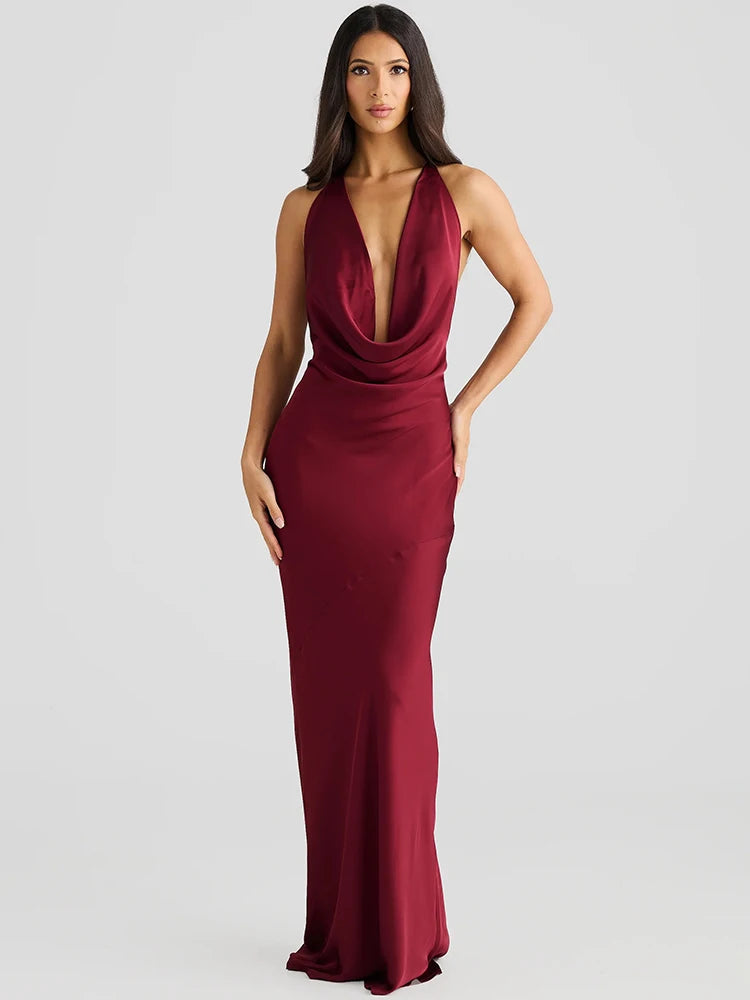 Satin Halter Backless Sexy Maxi Dress Women Gown Elegant Solid Sleeveless Lace-up High Waist Evening Club Long Dress voguable