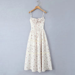 YENKYE Elegant Women French Style Lace Trim Floral Print Sling Long Dress Sexy Thin Straps A-line Summer Dresses Holiday Robe voguable