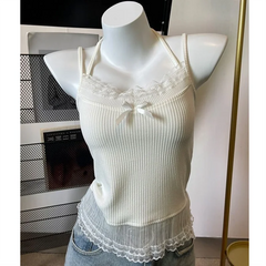 Lace Splicing Bow Ank Top Women Summer Sleeveless Crop Off Shoulder Spaghetti Strap Halter Neck Lace Up Casual Slim Fit Camis voguable