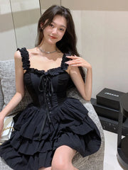 Voguable Sexy Slip Lolita Style Black Dress Women Vintage Sleeveless Y2K Mini Dress Summer Slim Sweet Korean Lace Up Cake Dress New voguable