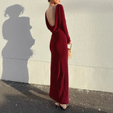 Voguable Sexy Backless Solid Slim Banquet Dress Lady Elegant Long Sleeve Split Evening Dress Autumn New Pleated O-neck Party Maxi Dresses voguable