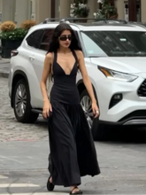 New Wrinkled V-neck Sleeveless Suspender Black Dresses Casual Backless Slim Fit Women's Long Dress Summer Street Beach Vestidos