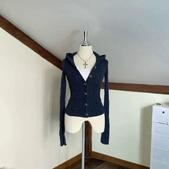 American Navy Blue Knitted Hooded Cardigan Y2K Fashion Slim Casual Buttons Sweater Jacket Female Long Sleeve All-Match Sweaters voguable