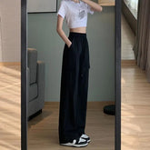 Voguable High Street American Summer Pants New Women Solid Elastic Waist Drawstring Pockets Fashion Casual High Waist Loose Cargo Trouser voguable