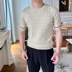 Summer Men's Clothing Luxury Knit O Neck Short-sleeved T Shirt Solid Color Leisure Korean Popular Streetwear Retro Knitwear voguable