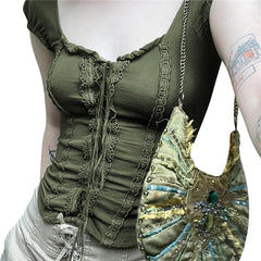 y2k Tops Women Coquette Clothing Lace Trim Tie Front V Neck Short Sleeve T Shirts 2000s Grunge Clothes Streetwear voguable