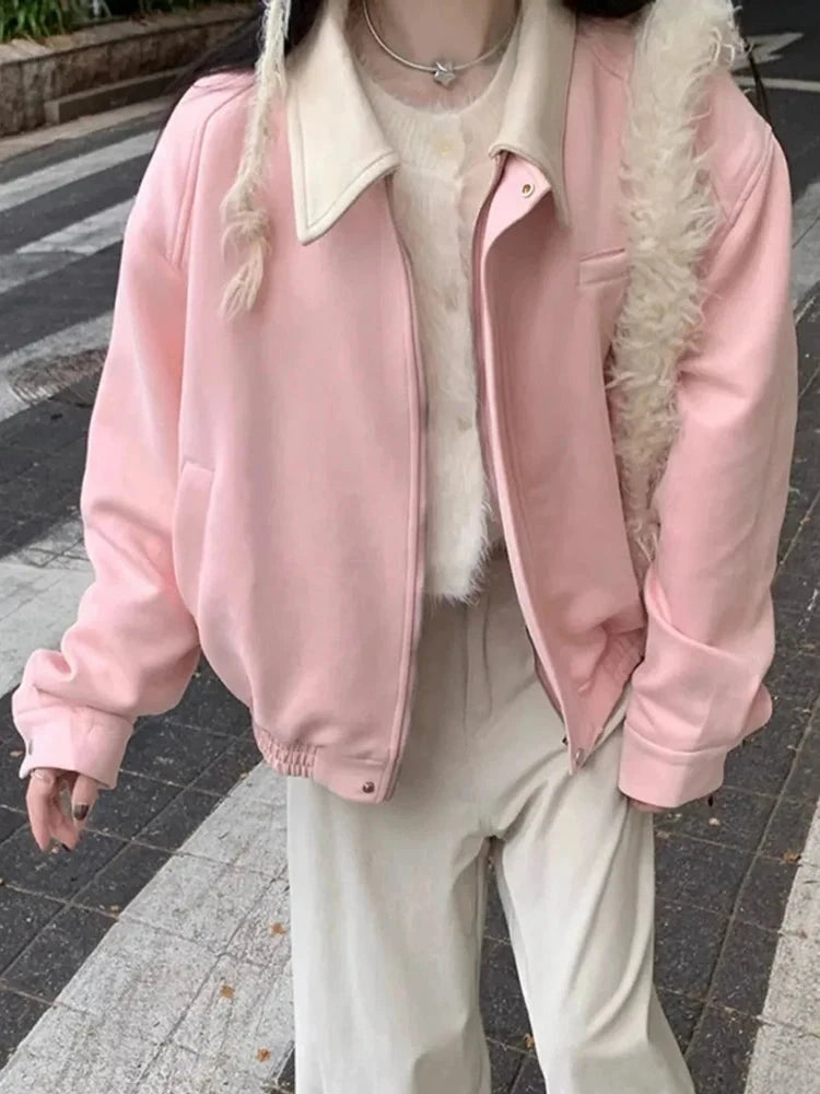 Pink Faux Suede Jacket Women Sweet Long Sleeve Vintage Streetwear Baseball Coat Fall Casual Retro American Y2K Lady Outwear voguable