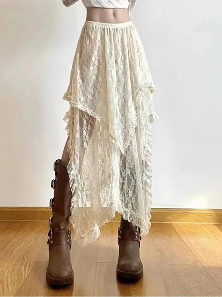 Asymmetrical Women Lace Skirt Vintage Y2K Aesthetic Summer Fashion High Waist Mid Skirts Ladies Holiday Outfits New voguable