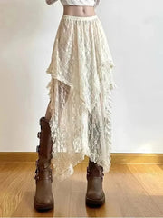 Asymmetrical Women Lace Skirt Vintage Y2K Aesthetic Summer Fashion High Waist Mid Skirts Ladies Holiday Outfits New voguable