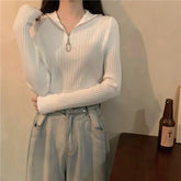 Voguable Polo Collar Zipper Knitted Base Shirt Spring Autumn Long-sleeved T-shirt Women Slim High Waist Top voguable