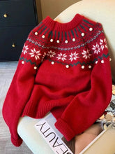 Sweet Print Christmas Red Sweater Women Cute O Neck Vintage Knitted Jumper Casual Korean Lady Fall Winter Preppy Style Loose Top voguable