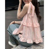 Voguable French Style Striped Bow Tank Top Women's Summer Loose Fit Vacation Style Doll Top Fashionable Casual Wear voguable