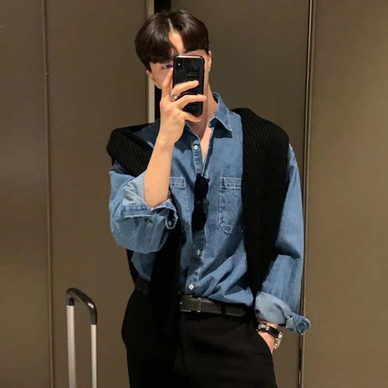 2024 Autumn Korean Fashion Black Denim Shirt Men Long Sleeved Loose Retro Lapel Button All-match Casual Mens Shirts Jacket voguable