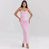 Talenza Elegant Mesh Sexy Maxi Dress For Women Light Purple Fishbone Spaghetti Strap Sleeveless Backless Party Long Dress New voguable