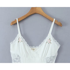 Floral Embroidery Lace Spliced Spaghetti Straps Dress Women V Neck A-line Mini White Knit Sexy Dresses Summer Robe