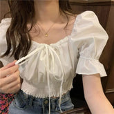 Voguable Summer Off Shoulder Lace Up Short Sleeve Blouse Women Crop Top White Bow Square Neck Sweet Ruffle Tunic Shirts Korean Fashion voguable