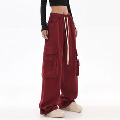Streetwear Vintage Hip Hop Oversize Red Cargo Pants Women Drawstring Elastic Waist Loose Wide Leg Harajuku Casual Trousers 2023 voguable