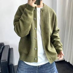 High-end Retro Casual Round Neck Men's Cardigan Sweater Coats Winter Loose Solid Color Buttons All-match Ins Knitted Sweater Men voguable