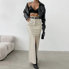 Sexy Slit Pu Leather Skirts Women High Waist Streetwear Slim Female Midi Skirts Y2K Korean Elegant Party Night Lady A Line Skirt voguable