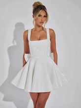 Mozision Sequins Bow Backless Sexy Mini Dress For Women Robe Fashion Square Collar Sleeveless High Waist A-line Club Dress voguable