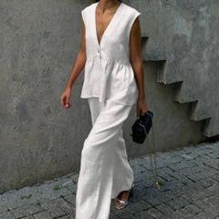 Fashion Women's Trouser Suits Sleeveless V-Neck Top Women Casual Straight Pants Sets Summer Women's Suit Commuter 2 Piece Set voguable