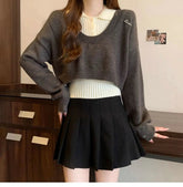 Voguable Pullover Pull Femme Preppy Style Fake Two CropTops Sweaters Korean Fashion Ropa Knitted Jumper Oversized Sweater Sueter Muier voguable