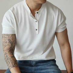 New Fashion American Style Men T-shirt Light Luxury Knitted Henry Collar Tees Casual Solid Color Short Sleeve Breathable Tops voguable