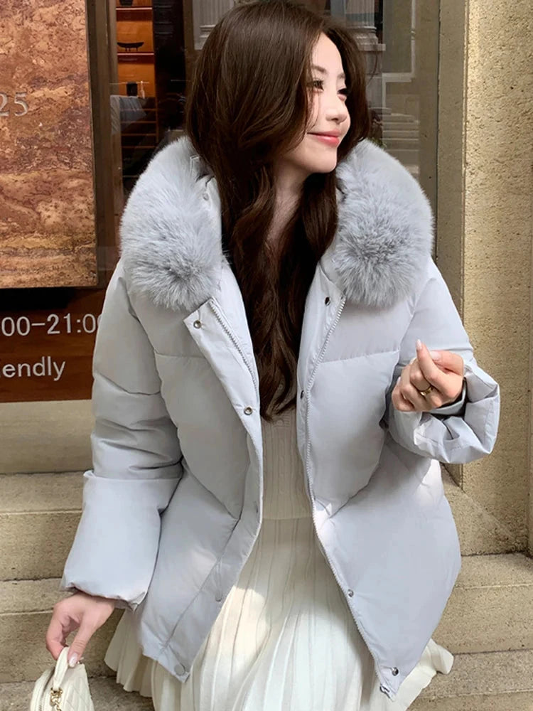 Preppy Style Sweet Parkas Women Cute Long Sleeve Vintage Faux Fox Hooded Cotton Coat Korean Winter Thick Warm New Outwear voguable