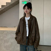 Voguable Gidyq Vintage Women Pu Leather Jacket Casual High Street Moto Biker Techwear Coat Oversized Leather Fall Black Cropped Outerwear voguable