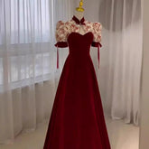 Voguable Women Burgundy Wedding Banquet Gown Elegant Lace Puff Sleeve Cheongsams Chinese Style Party Evening Vestidos Long Robe De Soiree voguable