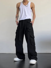 High street retro casual large pocket overalls men's and women's new summer high waist loose straight tube draped wide leg pants voguable