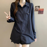Voguable Autumn New Blue Striped Long-sleeved Women's Korean Style Waist Shirt Top voguable