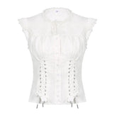Voguable Y2K Shirt European American Summer Court Style Personalized Drawstring Design Flying Sleeves Lace Patchwork Round Neck voguable