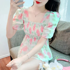 Voguable Summer Square Collar Bubble Sleeve Floral Top voguable