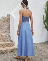 Voguable Casual Blue Denim Sling Long Dress Women Chic Sleeveless Square Neck Waist Cinching Dresses Lady Vacation Street Vestido voguable