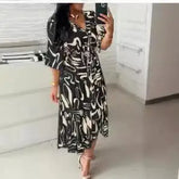 Voguable High Waist Printed Collar Lace up Dress Flared mid A-Line Skirt Commute Style Five Sleeve City Walk Single Piece Winter voguable