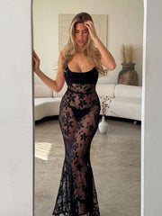 Sexy Jacquard Patchwork Maxi Dress Women Flowers Backless Sleeveless Midnight Slim Summerr Trend Party Classic Vestidos voguable