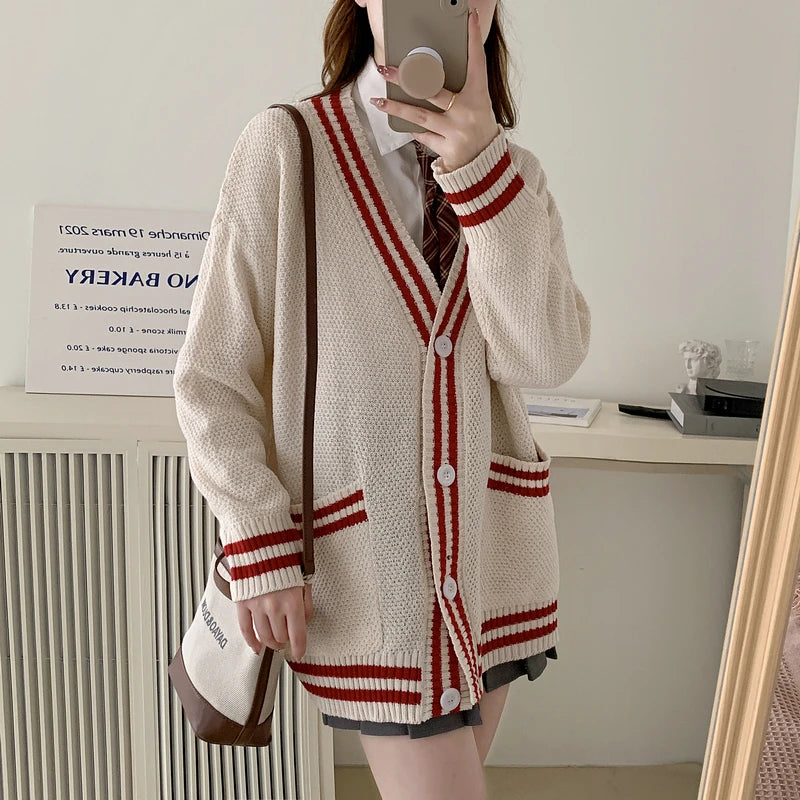 Women Cardigan Sweater Varsity Striped Front Pocket Long Sleeve Button-up Knit Sweater Jacket College Student Girl Preppy Style voguable