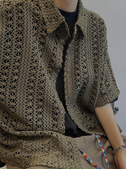 Hollow Out Shirts Men Summer Vintage All-match Breathable Short Sleeve Japanese Style Harajuku Vocation Knitting Handsome Simple voguable