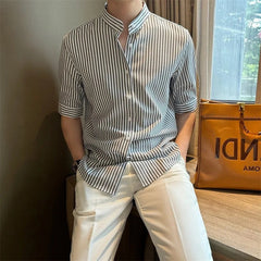 New Fashion Striped Stand Collar Men Shirts Luxury Casual Textured Half Sleeve Cardigan Tops Summer Business Slim-fit Blouse voguable