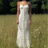 New Summer Chiffon Beige Solid Color Lace-ups Slim Slip Dress Ruffle Chic Party Beach Fashion Long Dress For Women voguable