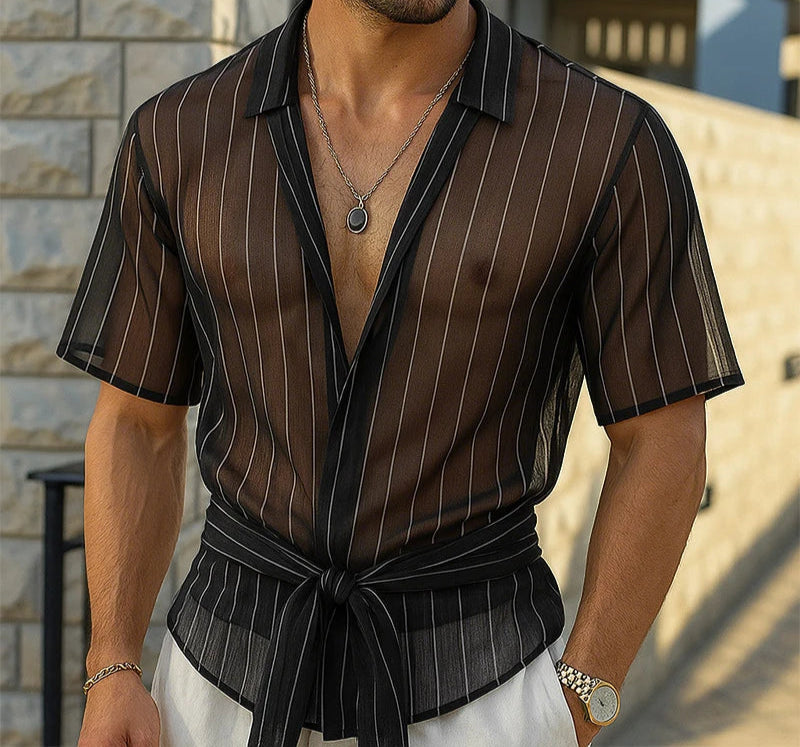 Men Striped Shirt Mesh Lapel Short Sleeve Men Clothing Sexy Lace Up Transparent Streetwear Summer Fashion Male Shirts voguable