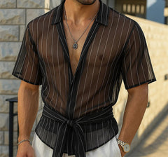 Men Striped Shirt Mesh Lapel Short Sleeve Men Clothing Sexy Lace Up Transparent Streetwear Summer Fashion Male Shirts voguable