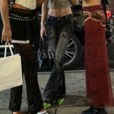 Voguable Streetwear y2k Flare Jeans Distressed 2000s Floral Print Low Rise Slim Denim Pants Korean Women Trousers Retro Mom Jeans voguable