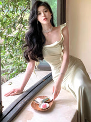 New Summer French Fashion Women Spaghetti Strap Elegant Long Mermaid Ruffles Dresses Evening Party Prom Clothes voguable