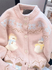 Cute Snowmen Pink Cardigan Sweater Women Vintage Sweet Print Loose Knitted Coat Japan Fall Winter Kawaii Female O Neck Tops voguable