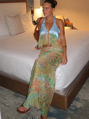 Summer Trend 2 Piece Set Women Satin Patchwork Backless Lace Up Camisole+Colorful Print Maxi Skirts Matching Clubwear voguable