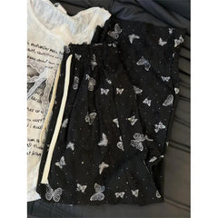 High Waist Wide Leg Pants Women Summer Loose Butterfly Print Female Casual Pants Y2K Korean Drawstring Floor Length Trousers voguable