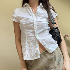 Vintage Folds Crop Top White Button Up Short Sleeve Blouse Women Bandage Korean Fashion T-shirt Casual Streetwear y2k Tee voguable