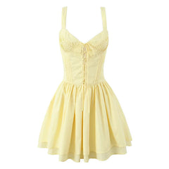 Women Yellow White Lace Up Spaghetti Straps Dress Sexy Sleeveless Low Waist A-line Mini Summer Dresses Party Robe voguable
